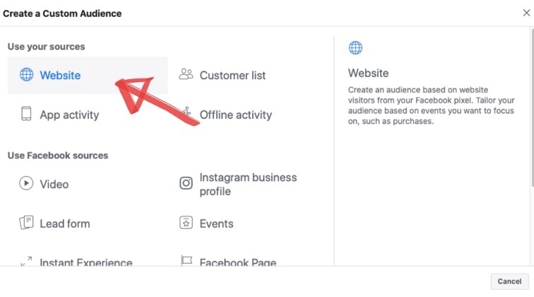 Create a Custom Audience on Facebook, linked to your Website